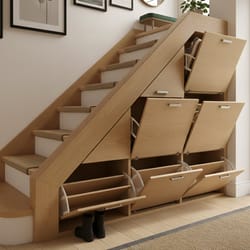 Скосен шкаф за обувки под стълбище по поръчка