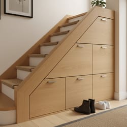 Скосен шкаф за обувки под стълбище по поръчка